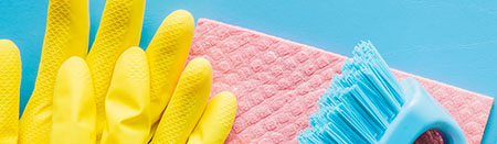 Rubber gloves, sponge, and cleaning brush